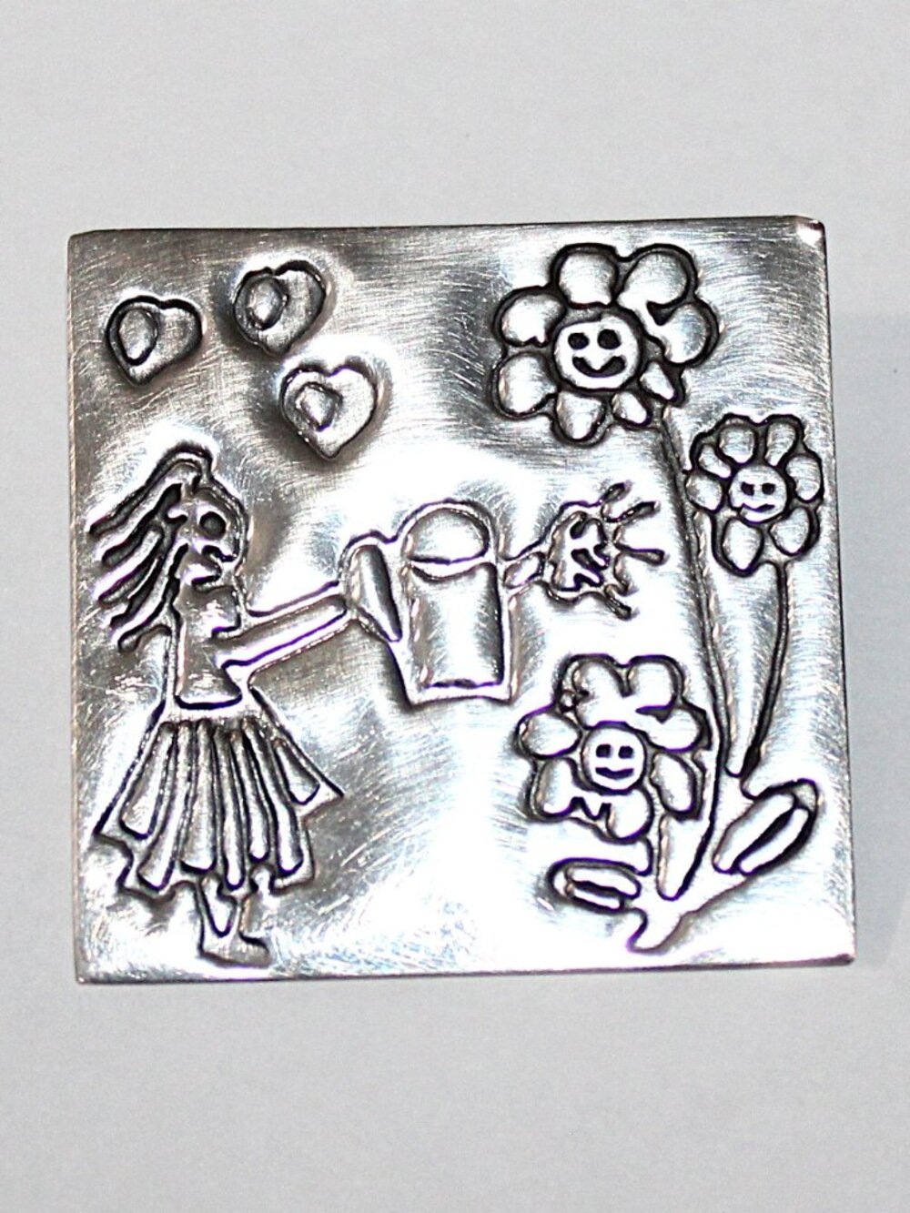 Vintage Sterling Silver Embossed Girl Watering Flowers Brooch 8 Grams